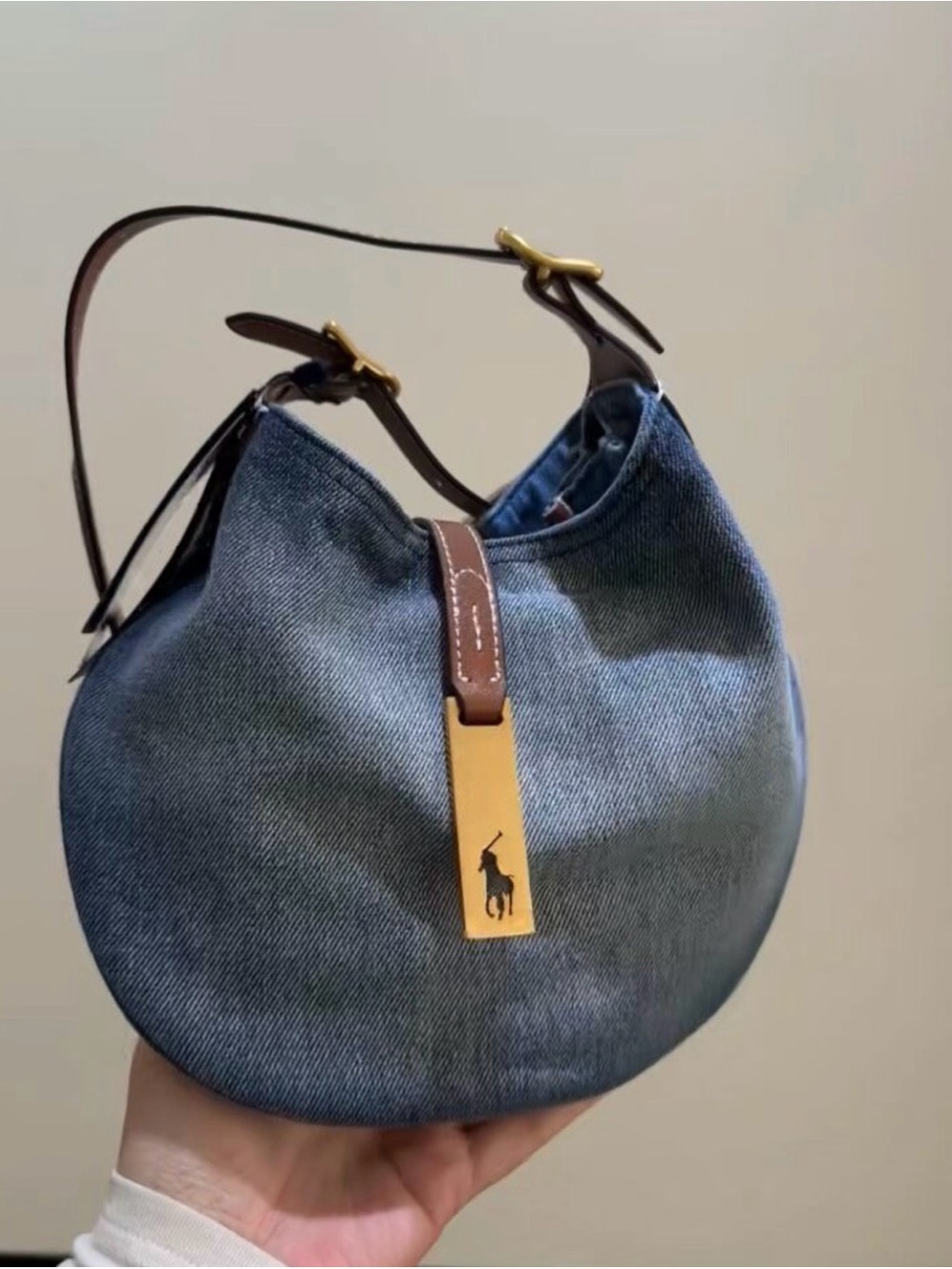 Ralph Lauren Denim Crescent Tote with Brown Leather Strap and Gold Plaque - Picture 6 of 8
